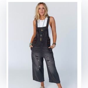 Easel High Hopes Charcoal Distressed Denim Overalls